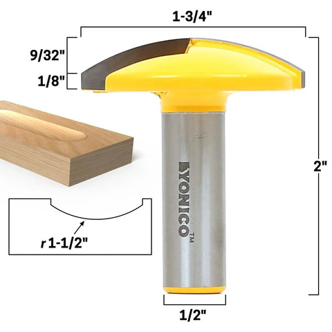 Go-To Horizontal Crown Router Bit With 1-1/2 Inch Radius And 1/2 Inch Shank displaying actual size and profile cutouts.