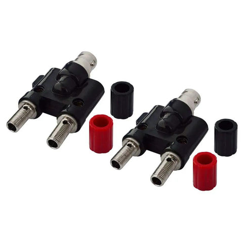 BNC Female To Dual Banana Female Binding Post RF Coax Splitter Adapter For HF Radios And Antennas Pack Of 2 shown with connectors