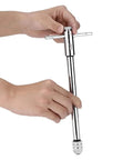 Adjustable Reversible Ratchet Tap Wrench For M5 To M12 Taps, Bidirectional Switch Lets You Thread And Back Out Without Replacing Tools, Ideal For Manual Tapping, Internal Threads, Mechanical Assembly And Mold Repair. Chrome steel tap wrench held by hands