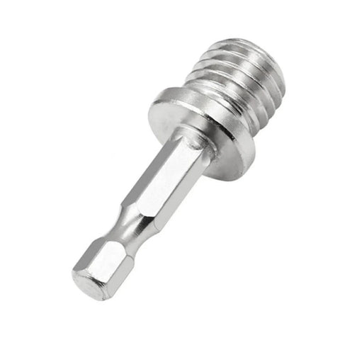 Heavy Duty Quarter Inch Hex Shank Drill Adapter With M14 Screw Thread Connecting Rod For Angle Grinders And Polishers, steel built, detailed view.