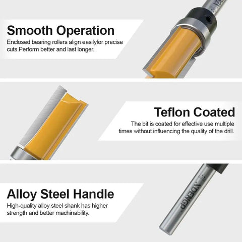 Close-up of 4 Pc Pattern Flush Trim Router Bit Set With 1/4 Inch Shank and Heavy Duty Carbide Woodworking Bits, Teflon coated for smooth operation.