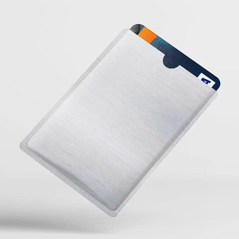 RFID Blocking Sleeve Anti Theft For 4 Credit Cards And 2 Passports Wallet Pocket Travel Safe, silver sleeve with card inside