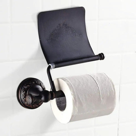 Oil Rubbed Bronze Toilet Paper Holder With Cover, Brass Tissue Roll Holder For Bathroom, mounted on white tiled wall