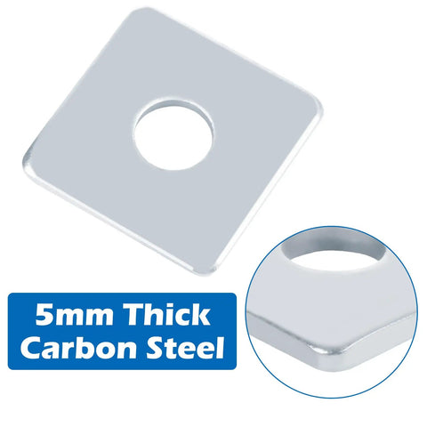 100 Piece Galvanized Square Plate Fender Washers 5/8 Inch Inner Diameter With 2 Inch Outer Dimension And Heavy 1/5 Inch Thickness Perfect For Construction Jobs And Industrial Equipment To Stop Nuts From Loosening. Square galvanized washer with a round hole and 5/8" ID.
