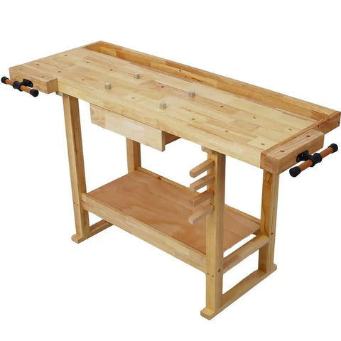 60 Inch Solid Rubber Wood Workbench With Drawer, Storage Shelf And Adjustable Handles, Beefy 330 Lbs Capacity Garage Workshop Tool Bench