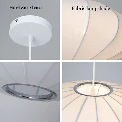 Italian Silkworm Cocoon Pendant Light With White Faux Silk Drum Shade, close-up of hardware base and fabric lampshade, 50 cm