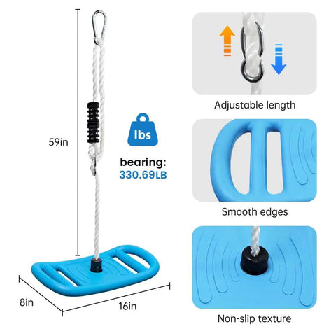 Three In One Kids Swing Set With Disc Seat Climbing Rope Pull Up Bar And Balance Board For Outdoor Treehouse And Backyard Play Easy Setup Durable Child Safe Playground Accessory featuring blue balance board dimensions and rope details.
