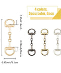 8 Pack Alloy D Ring Snaffle Bit Buckles in four colors with dimensions, for DIY horse jewelry and accessory crafts.
