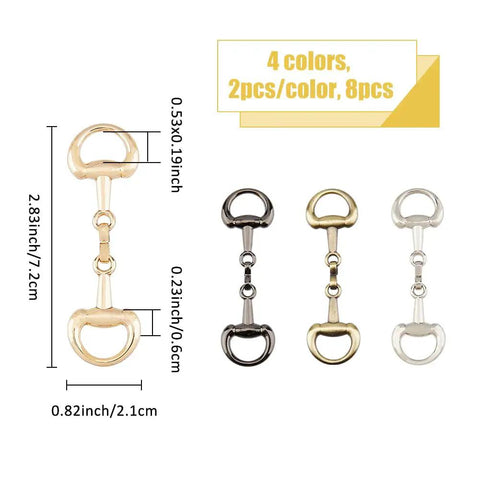 8 Pack Alloy D Ring Snaffle Bit Buckles in four colors with dimensions, for DIY horse jewelry and accessory crafts.