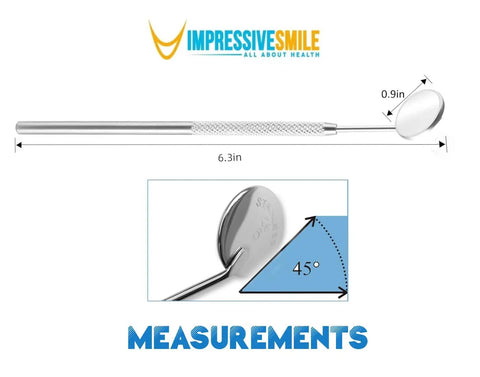Stainless Steel Dental Mirror 6.5 Inch With Handle, Handy Dental Inspection Tool for Teeth Cleaning and Plaque Check, Eyelash Extensions and Makeup Inspection Mirror, Do It All Precision Mirror for Home Clinic Auto Interior, stainless steel mirror with 6.3in handle and 0.9in head, 45° angle