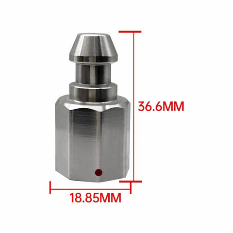 Front view of silver metal RTK GPS quick-release adapter for Trimble poles; 36.6mm tall, 18.85mm base.