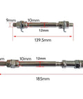 Diagram of front and rear axles with dimensions for 4 Piece Axles And Bearings Kit For Gas Motorized Bicycle With Mag Wheel Set 26 Inch And 29 Inch Front And Rear Axles 140mm x 10mm And 185mm x 10mm Bearings 6000 Silver Plug And Play Ready.