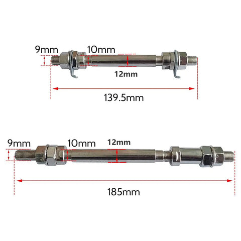 Diagram of front and rear axles with dimensions for 4 Piece Axles And Bearings Kit For Gas Motorized Bicycle With Mag Wheel Set 26 Inch And 29 Inch Front And Rear Axles 140mm x 10mm And 185mm x 10mm Bearings 6000 Silver Plug And Play Ready.