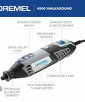 Go-To Powerful Rotary Tool Kit With Flex Shaft, 6 Attachments, 50 Accessories, And Case shown with variable speed features
