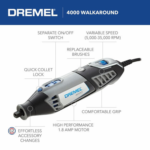 Go-To Powerful Rotary Tool Kit With Flex Shaft, 6 Attachments, 50 Accessories, And Case shown with variable speed features