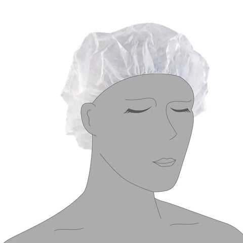 Model wearing Disposable Bouffant Hair Caps 21 Inch Head Cover Net For Salon Or Spray Tan Breathable Nonwoven Fabric With Elastic Band