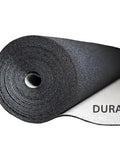 Built Different Premium Flooring Underlayment For Luxury Vinyl Plank And Carpet Tile Roll showing a rolled black rubber pad.
