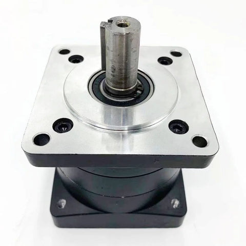 Front view: planetary gear reducer for stepper motor, NEMA 34, 1/2 in input shaft, silver gear head on black base.