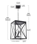 Outdoor Pendant Light Black Finish With Clear Glass showing dimensions and crisscross frame details with chain.