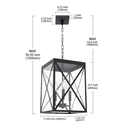 Outdoor Pendant Light Black Finish With Clear Glass showing dimensions and crisscross frame details with chain.