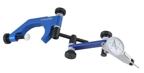 Dial test indicator in blue anodized aluminum holder; side view with universal indicator holder P900-S186