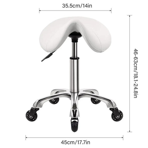 Front view of a Heavy Duty Saddle Rolling Stool With Wheels Hydraulic Swivel Ergonomic Leather Seat Adjustable Height 400 Lb Capacity