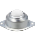 Ball transfer bearing caster with metal flange and white ball, front view