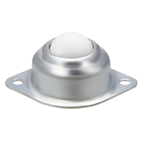 Ball transfer bearing caster with metal flange and white ball, front view