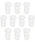 Ten Piece Heavy Duty Nylon Paint Sprayer Filter Kit 50 Mesh Suction Feed Strainers, ten white nylon filters stacked.