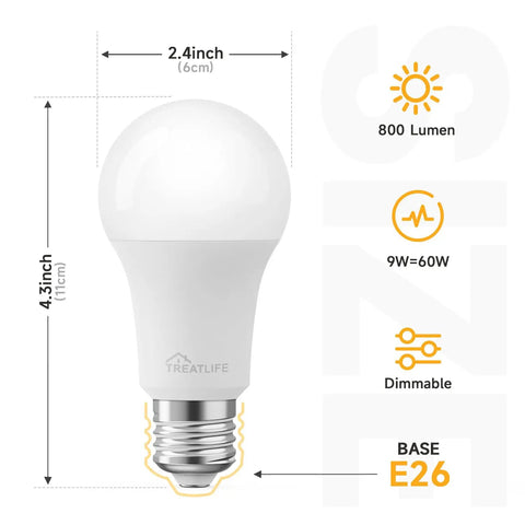 Four Pack Smart LED Bulbs 2.4GHz WiFi Tunable White 2500K To 6500K Dimmable 800 Lumens E26 A19 No Hub Required E26 base