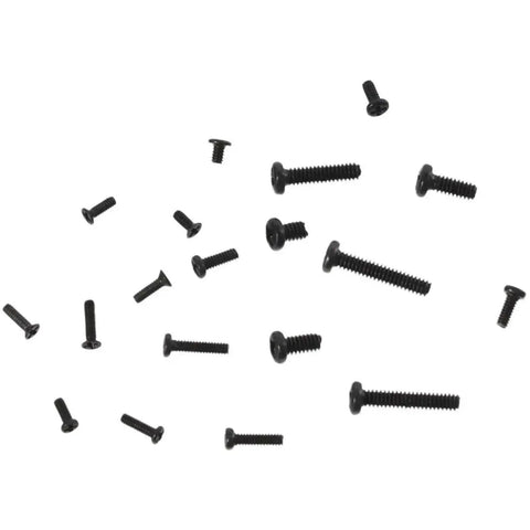 Top Notch Black Micro Watch Screw Set Solid Stainless Steel Precision Threads With 18 Sized Variations And Double Pack Assortment Kit assorted black watch repair screws on a white background.