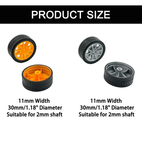 Four wheels from Twenty Piece Toy Wheel Set With 2mm Shaft Holes For DIY RC Cars Trucks Helicopters And Robots Rubber Tire Wheels