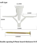 Drywall Expansion Screw Set For Gypsum Board And Hollow Walls With Plastic Toggle Anchors And Screws, dimensions shown
