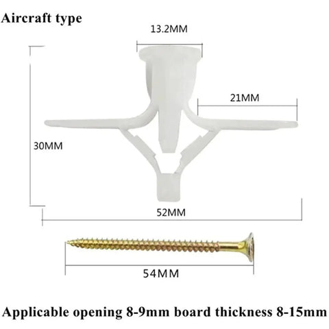 Drywall Expansion Screw Set For Gypsum Board And Hollow Walls With Plastic Toggle Anchors And Screws, dimensions shown