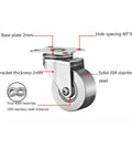Detailed view of Heavy Duty Industrial Castors Set Of 4 With Brakes Tough As Nails Stainless Steel 304 components and dimensions.