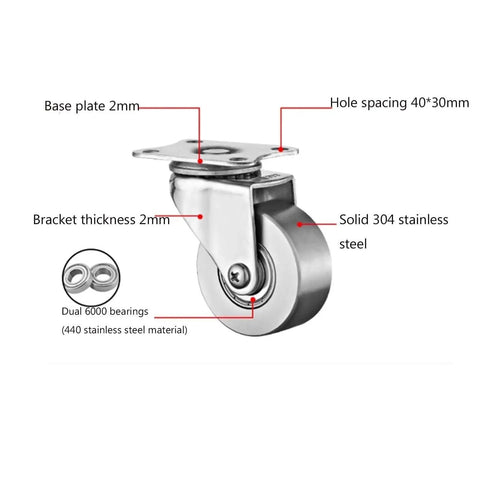 Detailed view of Heavy Duty Industrial Castors Set Of 4 With Brakes Tough As Nails Stainless Steel 304 components and dimensions.