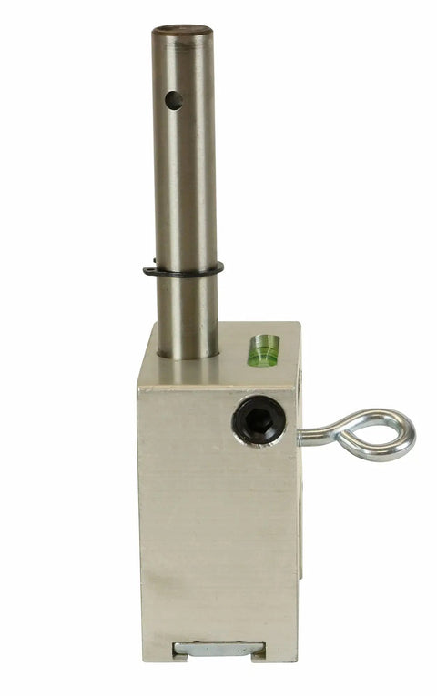 Heavy Duty Pipe Hole Punch Device For Copper Steel And Pvc Ranging From One To Ten Inches viewed from side, solid aluminum build with leveling tool.