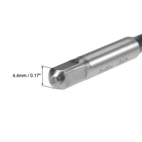 Close-up of M5 x 0.8 Spiral Flute Tap For Metric Threads With HSS Nitriding Coated Finish, showing round shank and square end.