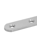 Kickstart Your DIY Game With These Hella Sturdy Stainless Steel Corner Braces And Flat Mending Repair Plates Perfect For Furniture Patching Heavy Duty Woodworking Fixtures Super Easy To Install 18 Piece Silver Pack close-up of flat mending plate showing hole design.