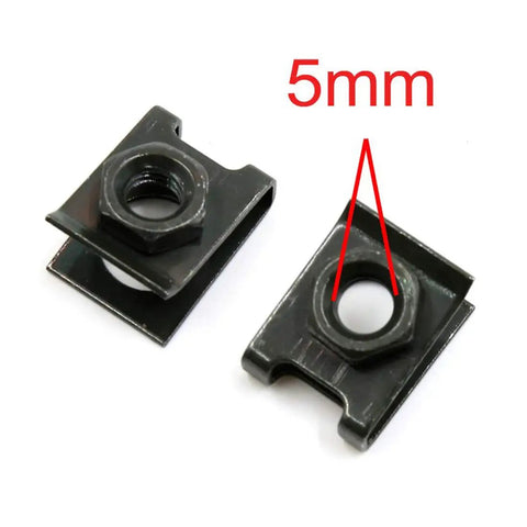 10 Pack U Type Car Fastener Clips With M6 Screw Hole For License Plate Mounting Rivets Dope Tough Universal Engine Fender Bumper Guard Plate Base Nuts Durable Iron With Bronze Tone Finish showing two clips with 5mm indicator