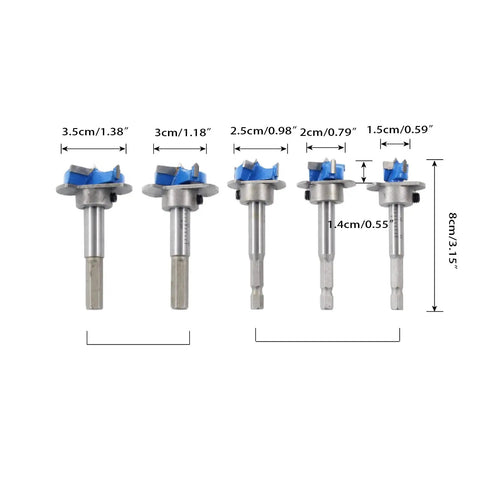 Top Rated Five Piece Forstner Bit Set Delivers Smooth As Butter Hole Boring For Dead Nuts Precise Woodworking Projects With Heavy Duty Hex Shank Fit For Cordless Drills And Bench Tools From 15 To 35 Millimeters showing five drill bits with various diameters in centimeters.