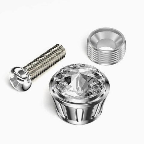 Sparkly Rhinestone License Plate Screw Caps 4 Pack Premium Alloy Bolt Covers White Crystal Auto Fasteners with screw and cap.