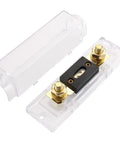 100 Amp ANL Fuse Holder Kit With Fuse And Gold Plated Terminals For Car Audio And Amplifiers 12V And 24V DC Systems Compatible With 0 2 4 AWG Wires Heavy Duty High Current Protection Durable Heat Resistant Construction showing gold terminals and clear cover