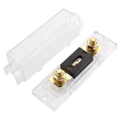 100 Amp ANL Fuse Holder Kit With Fuse And Gold Plated Terminals For Car Audio And Amplifiers 12V And 24V DC Systems Compatible With 0 2 4 AWG Wires Heavy Duty High Current Protection Durable Heat Resistant Construction showing gold terminals and clear cover