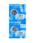 Top Shelf Size 373 Silver Oxide Watch Battery Two Pack showing Renata 373 batteries on blue packaging, Swiss made for luxury wristwatches.