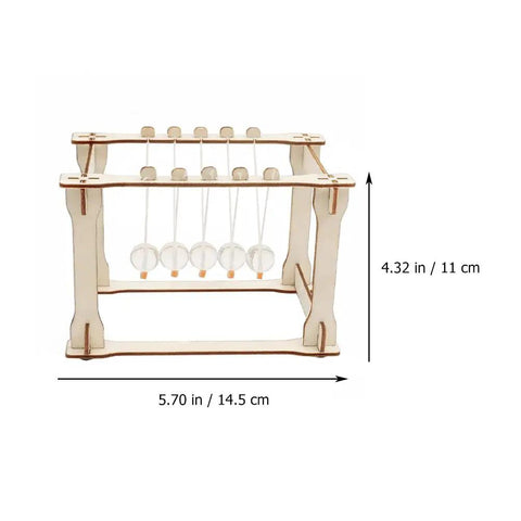 DIY Newton Cradle Science Kit for Office, Classroom And Home Desk Decor, wooden frame with dimensions shown.