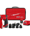 All Metal Brushless Cordless Drill Driver And Screwdriver Kit With Offset Attachment And Three Eighth Inch Keyless Chuck M12 Compatible Rig Ready Power Setup For Daily Knuckle Busting Grind with accessories in red case.