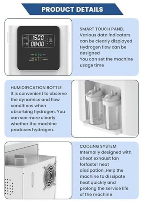 Home Use Hydrogen Generator With 99.99 Percent Pure Gas SPE PEM Technology details panel showing timer and components