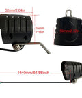 Close-up of 3 In 1 E Bike Light Kit with Headlight showing dimensions and mounting bracket.