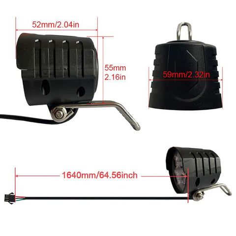 Close-up of 3 In 1 E Bike Light Kit with Headlight showing dimensions and mounting bracket.
